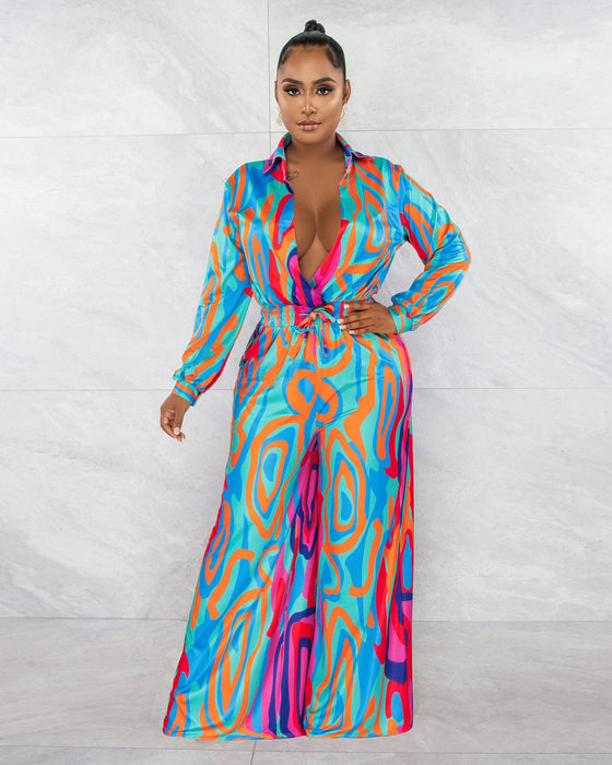 Color-Women Clothing Fall Winter Printed Shirt Collar Wide Leg Jumpsuit-Fancey Boutique