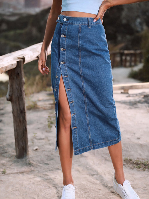 Color-Blue-Women Rivet Hip Stretch Denim Long Skirts-Fancey Boutique