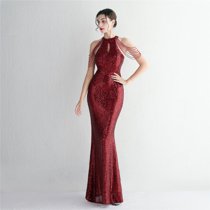 Color-Sequined Craft Beading Cocktail Evening Dress Elegant Long Halter Slim Fit Fishtail-Fancey Boutique