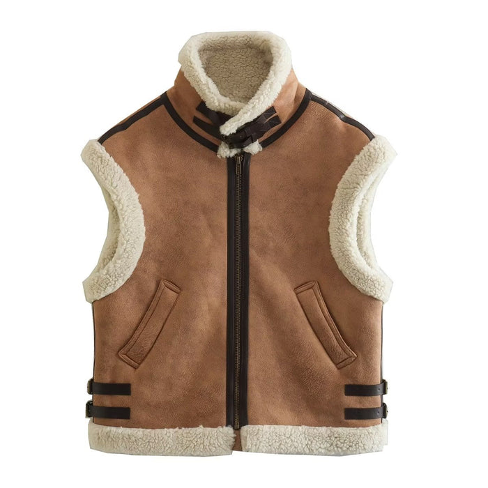 Color-Autumn Winter Women Brown Fur Collared Vest Coat Thickened Vest-Fancey Boutique