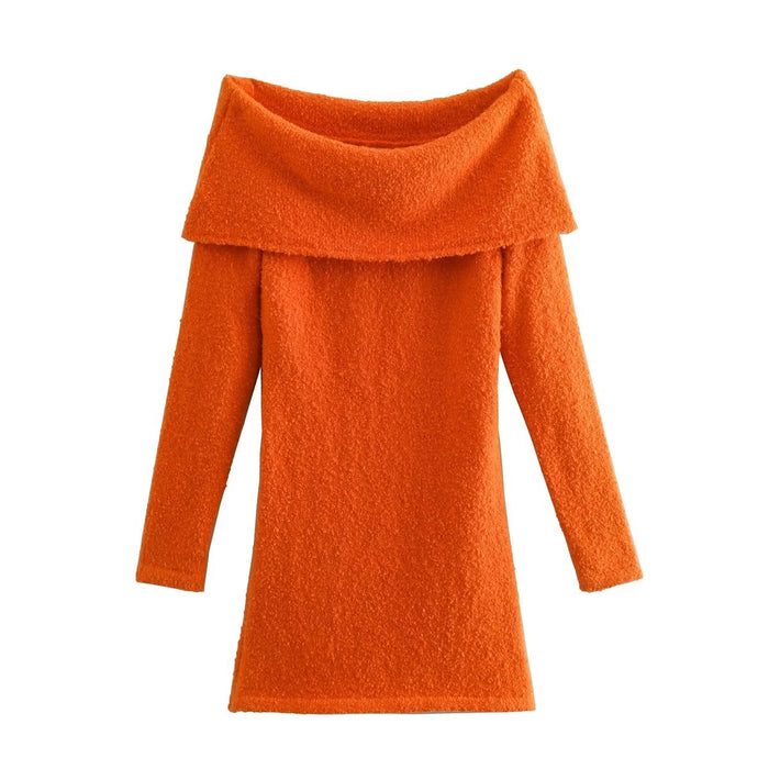 Color-Sexy White Sheath Dress Orange Long Sleeve Collared off Shoulder Dress-Fancey Boutique