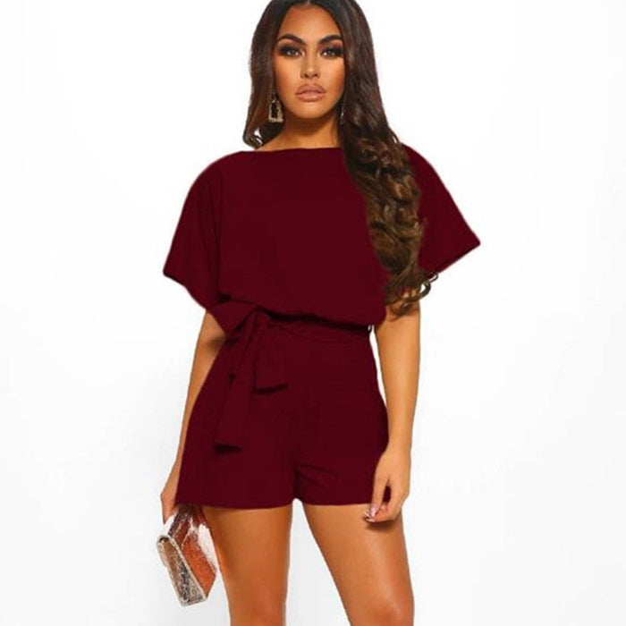 Color-Burgundy-Summer Explosion Color Of Belt Short-sleeved Romper-Fancey Boutique