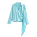 Color-Turquoise-Autumn Women Clothing Casual Silk Satin Texture Double Breasted Shirt-Fancey Boutique