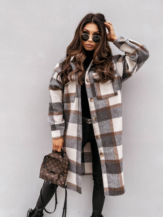 Color-Women New Fall Winter Long Sleeve Long Plaid Printed Shirt Woolen Jacket-Fancey Boutique