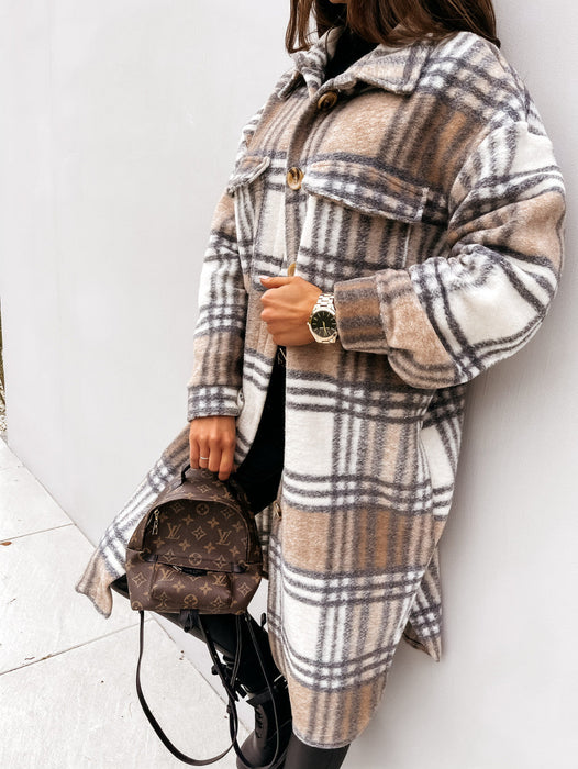 Color-Women New Fall Winter Long Sleeve Long Plaid Printed Shirt Woolen Jacket-Fancey Boutique