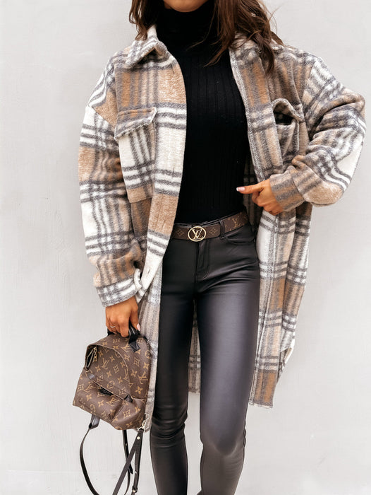 Color-Women New Fall Winter Long Sleeve Long Plaid Printed Shirt Woolen Jacket-Fancey Boutique