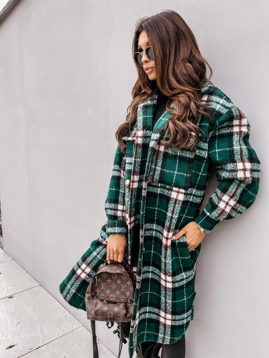 Color-Green-Women New Fall Winter Long Sleeve Long Plaid Printed Shirt Woolen Jacket-Fancey Boutique