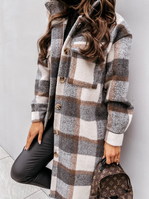 Color-Gray-Women New Fall Winter Long Sleeve Long Plaid Printed Shirt Woolen Jacket-Fancey Boutique