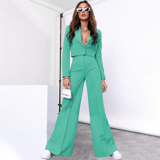 Color-Autumn Winter Solid Color Short Long Sleeve Small Suit High Waist Wide Leg Pants Suit-Fancey Boutique