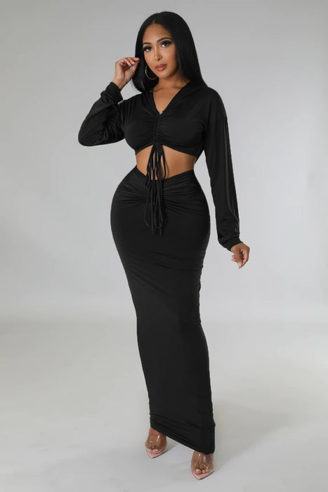 Color-Hooded Cropped Top Sexy High Waist One Step Skirt Two Piece Set-Fancey Boutique