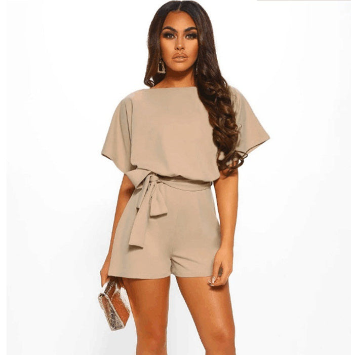 Color-Khaki-Summer Explosion Color Of Belt Short-sleeved Romper-Fancey Boutique