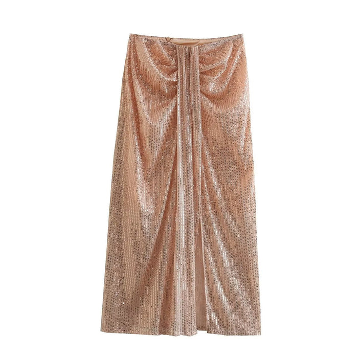 Color-Apricot-Skirt Women Clothing Sexy High Split Long High Waist Ruched Pleated Hip Skirt-Fancey Boutique