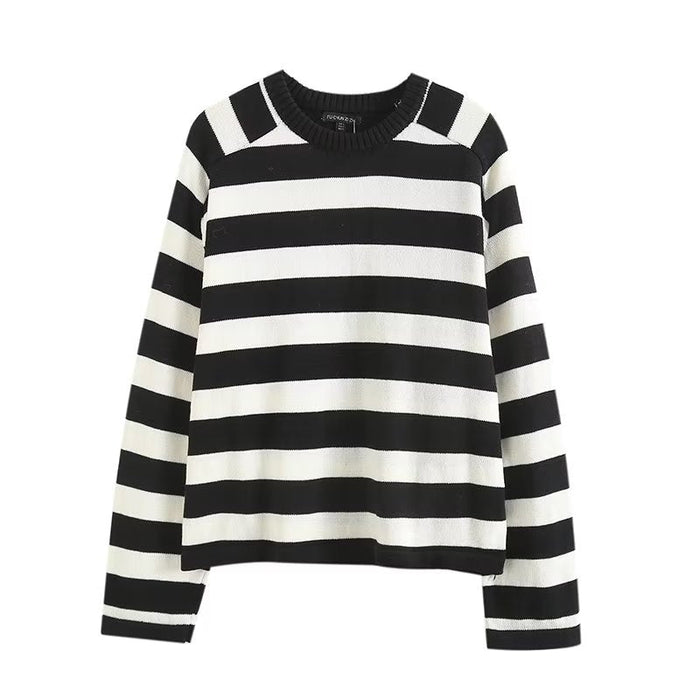 Color-Casual Black White Striped Sweater Women Spring Long Sleeve round Neck Pullover Underwear T shirt Top-Fancey Boutique