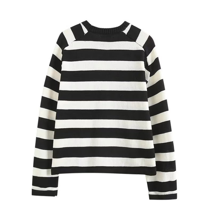 Color-Casual Black White Striped Sweater Women Spring Long Sleeve round Neck Pullover Underwear T shirt Top-Fancey Boutique