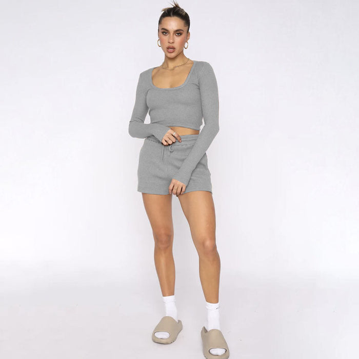 Color-Spring Waffle Solid Color U Neck Long Sleeved Short Women Clothing Casual Shorts Suit-Fancey Boutique