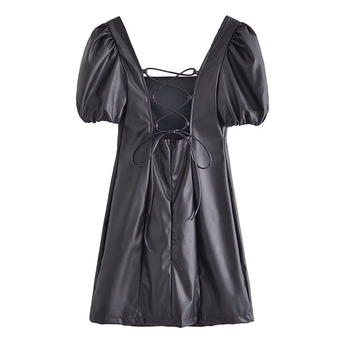 Color-Women Autumn Square Collar Black Puff Sleeve Young Drawstring Strap Backless Faux Leather Dress-Fancey Boutique