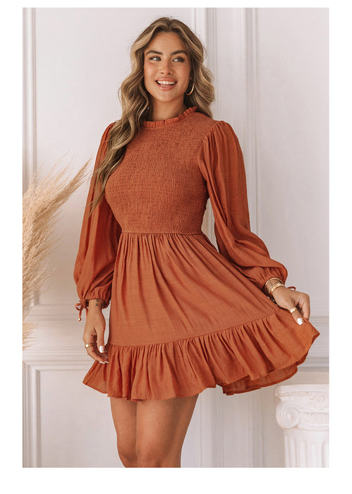 Color-Solid Color Knee Length Autumn Long Sleeve Waist Tight Smocking Stringy Selvedge Dress-Fancey Boutique