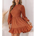 Color-Solid Color Knee Length Autumn Long Sleeve Waist Tight Smocking Stringy Selvedge Dress-Fancey Boutique