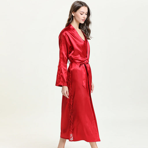 Color-Jujube Red-Women Pajamas Emulation Silk Nightgown Lace-up Sexy Long Robe Bathrobe Solid Color Homewear-Fancey Boutique