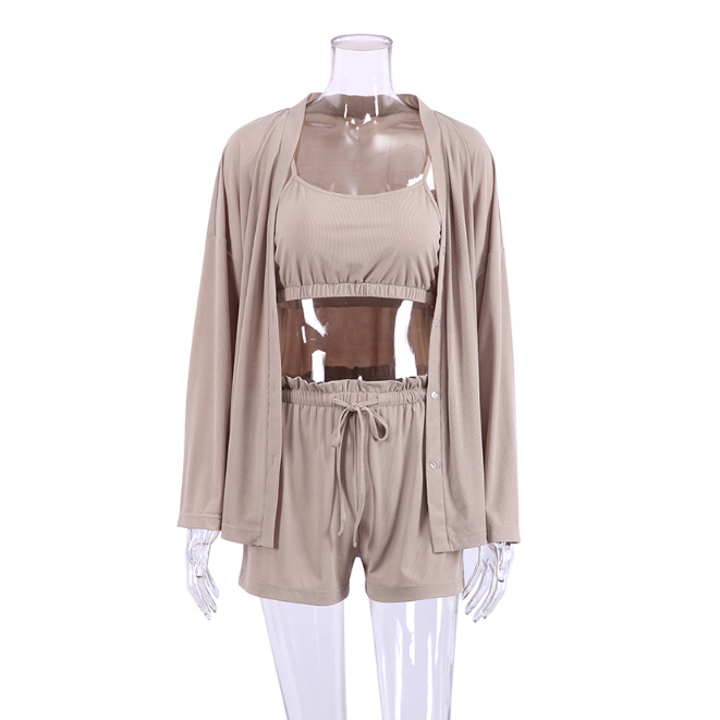 Color-Brown-Summer Knitted French Ice Silk Rib Chest Wrap Underwear Comfortable Women Pajamas Three Piece Home Wear Women-Fancey Boutique