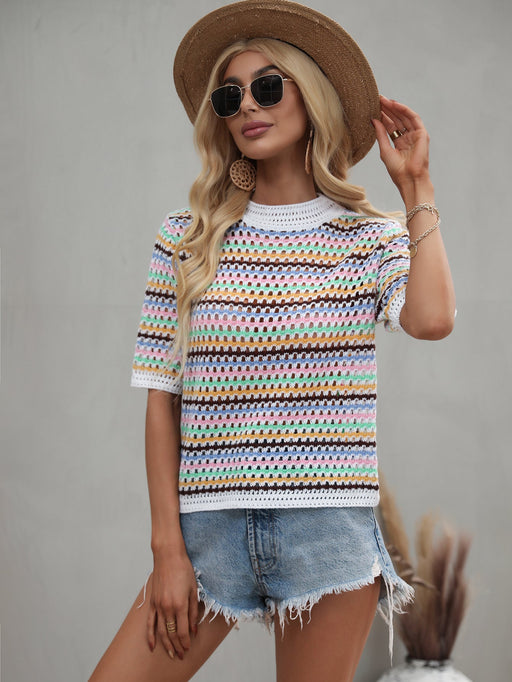 Color-Spring Summer Stitching Hollow Out Cutout Sweater Loose round Neck Striped Sweater-Fancey Boutique