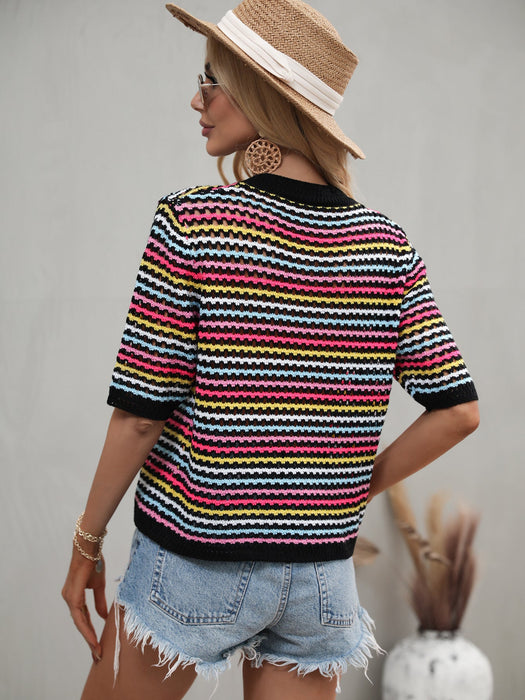 Color-Spring Summer Stitching Hollow Out Cutout Sweater Loose round Neck Striped Sweater-Fancey Boutique