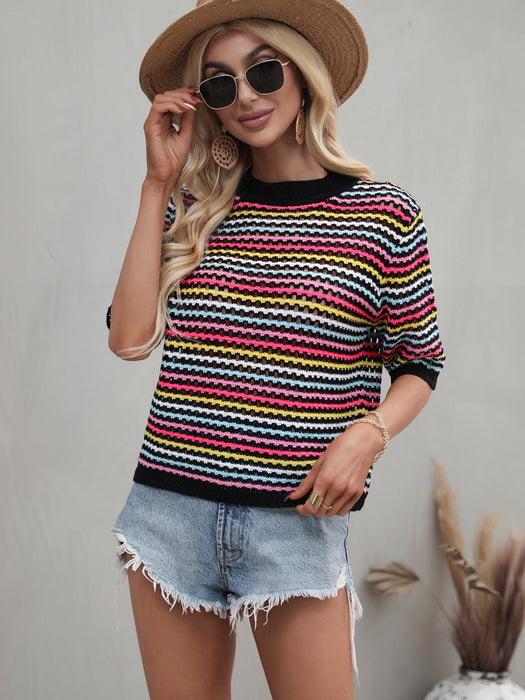 Color-Spring Summer Stitching Hollow Out Cutout Sweater Loose round Neck Striped Sweater-Fancey Boutique