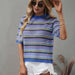 Color-Spring Summer Stitching Hollow Out Cutout Sweater Loose round Neck Striped Sweater-Fancey Boutique