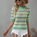 Color-Spring Summer Stitching Hollow Out Cutout Sweater Loose round Neck Striped Sweater-Fancey Boutique