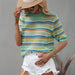 Color-Green-Spring Summer Stitching Hollow Out Cutout Sweater Loose round Neck Striped Sweater-Fancey Boutique