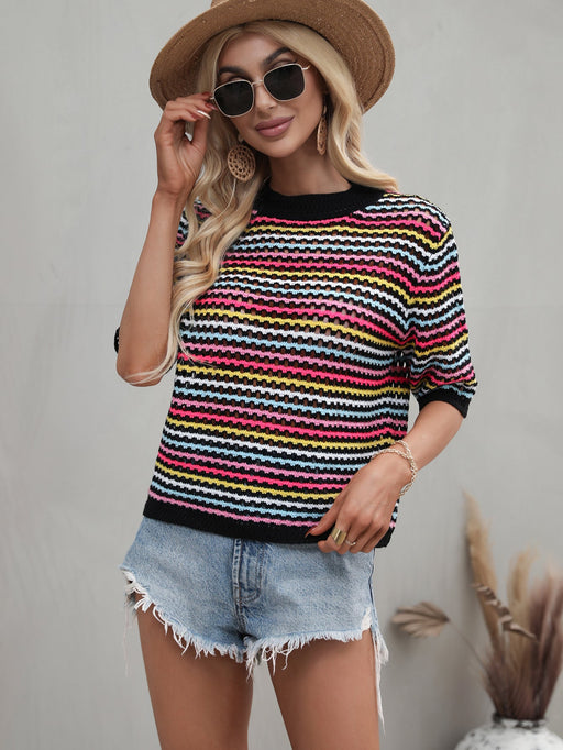 Color-Black-Spring Summer Stitching Hollow Out Cutout Sweater Loose round Neck Striped Sweater-Fancey Boutique