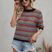 Color-Black-Spring Summer Stitching Hollow Out Cutout Sweater Loose round Neck Striped Sweater-Fancey Boutique