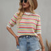 Color-Apricot-Spring Summer Stitching Hollow Out Cutout Sweater Loose round Neck Striped Sweater-Fancey Boutique