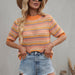 Color-Orange-Spring Summer Stitching Hollow Out Cutout Sweater Loose round Neck Striped Sweater-Fancey Boutique