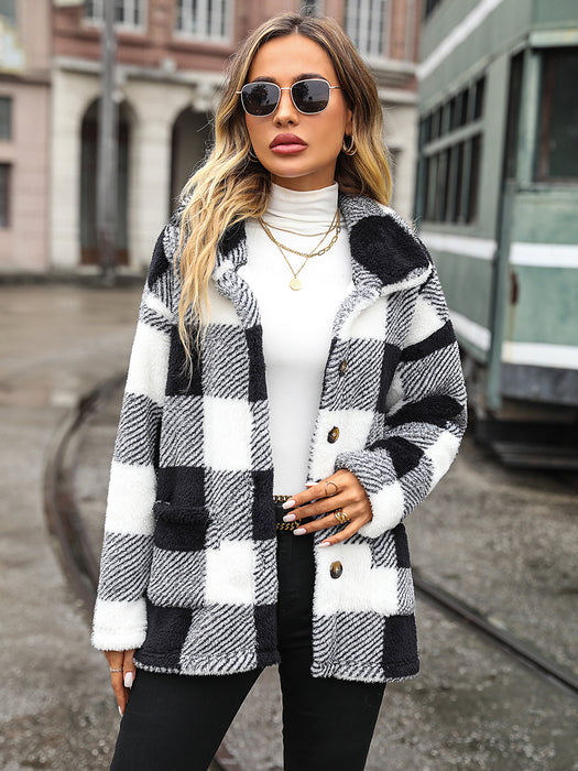 Color-Autumn Winter Women Collared Long Sleeve Mid Length Plaid Single Breasted Plush Casual Jacket-Fancey Boutique