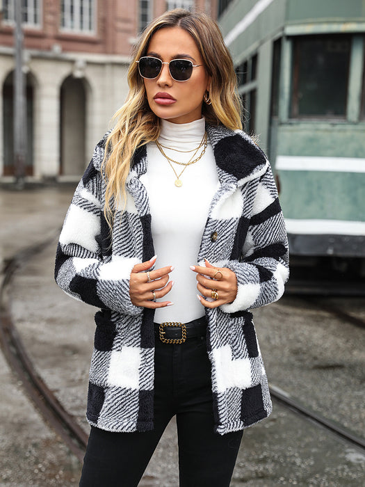 Color-Autumn Winter Women Collared Long Sleeve Mid Length Plaid Single Breasted Plush Casual Jacket-Fancey Boutique