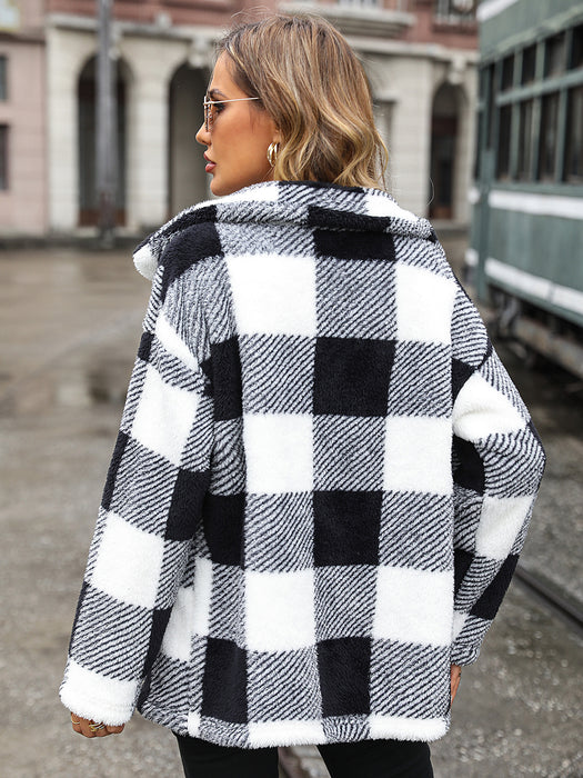 Color-Autumn Winter Women Collared Long Sleeve Mid Length Plaid Single Breasted Plush Casual Jacket-Fancey Boutique