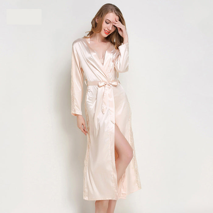 Color-Gold-Women Pajamas Emulation Silk Nightgown Lace-up Sexy Long Robe Bathrobe Solid Color Homewear-Fancey Boutique