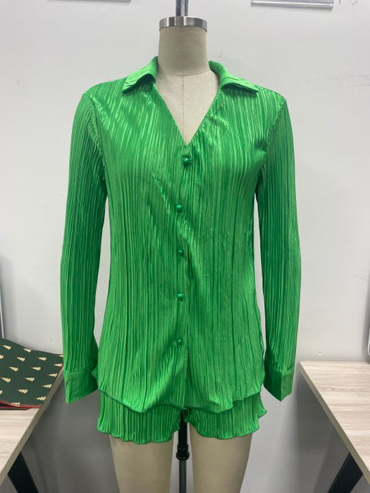 Color-Green-Spring Summer New Popular Fashion V-neck Pleated Long Sleeve Collared Shorts Fashion Suit-Fancey Boutique