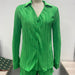 Color-Green-Spring Summer New Popular Fashion V-neck Pleated Long Sleeve Collared Shorts Fashion Suit-Fancey Boutique