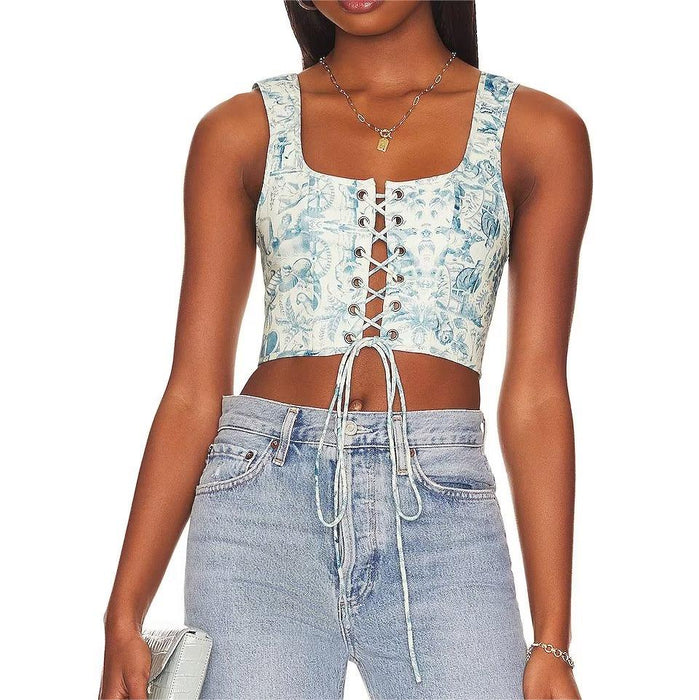 Color-Blue White Porcelain Lace Up Three Dimensional Keel Small Tank Top Top Spring Women Clothing-Fancey Boutique