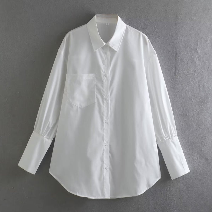 Color-White-Summer White Polo Collar Solid Color Single Pocket Long Sleeve Shirt Women-Fancey Boutique