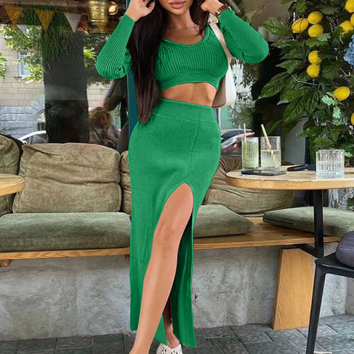 Color-Women Clothing Thread Short Top Slit Skirt Slim Fit Two Piece Suit-Fancey Boutique