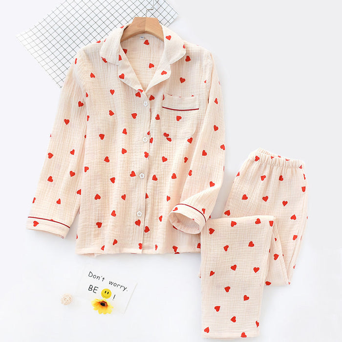 Color-Beige Red Crepe Suit-Women Cotton Crepe Pajamas Set Spring Autumn Thin Double-Layer Gauze Long-Sleeved Trousers Collared Soft Homewear-Fancey Boutique
