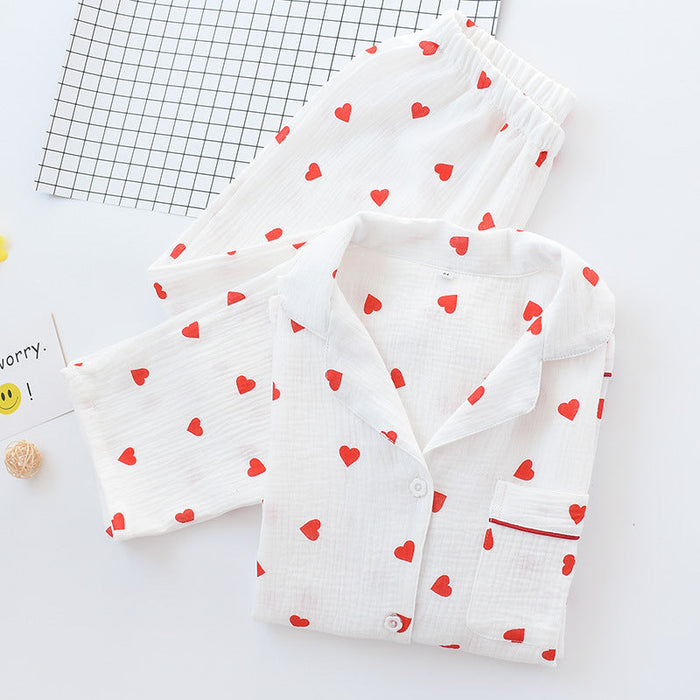 Color-Red Heart in the White Background Crepe Suit-Women Cotton Crepe Pajamas Set Spring Autumn Thin Double-Layer Gauze Long-Sleeved Trousers Collared Soft Homewear-Fancey Boutique