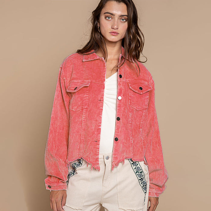 Color-Pink-Autumn Winter Jacket Coat Corduroy Tassel Shacket Women Coat-Fancey Boutique