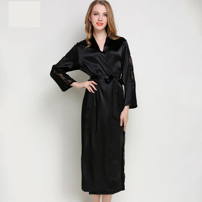 Color-Women Pajamas Emulation Silk Nightgown Lace-up Sexy Long Robe Bathrobe Solid Color Homewear-Fancey Boutique