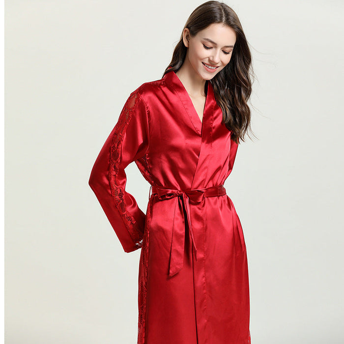 Color-Women Pajamas Emulation Silk Nightgown Lace-up Sexy Long Robe Bathrobe Solid Color Homewear-Fancey Boutique