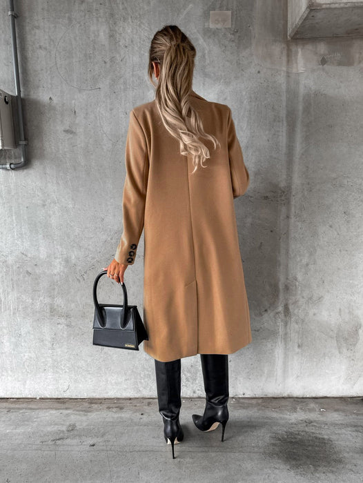 Color-Autumn Winter Women Clothing Long Sleeve Polo Collar Solid Color Double Breasted Slim Coat Woolen Coat-Fancey Boutique