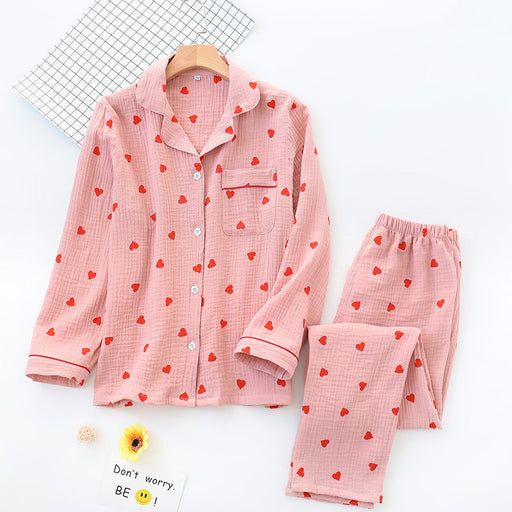 Color-Women Cotton Crepe Pajamas Set Spring Autumn Thin Double-Layer Gauze Long-Sleeved Trousers Collared Soft Homewear-Fancey Boutique
